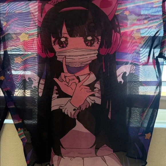 ROMWE Black and Pink Sheer anime Crop Top - Picture 3 of 8